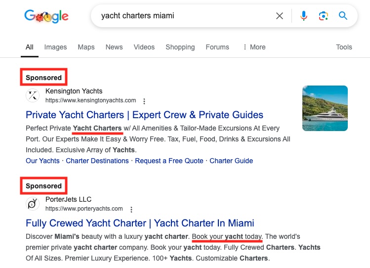 sponsored ads on google for yacht charter in miami