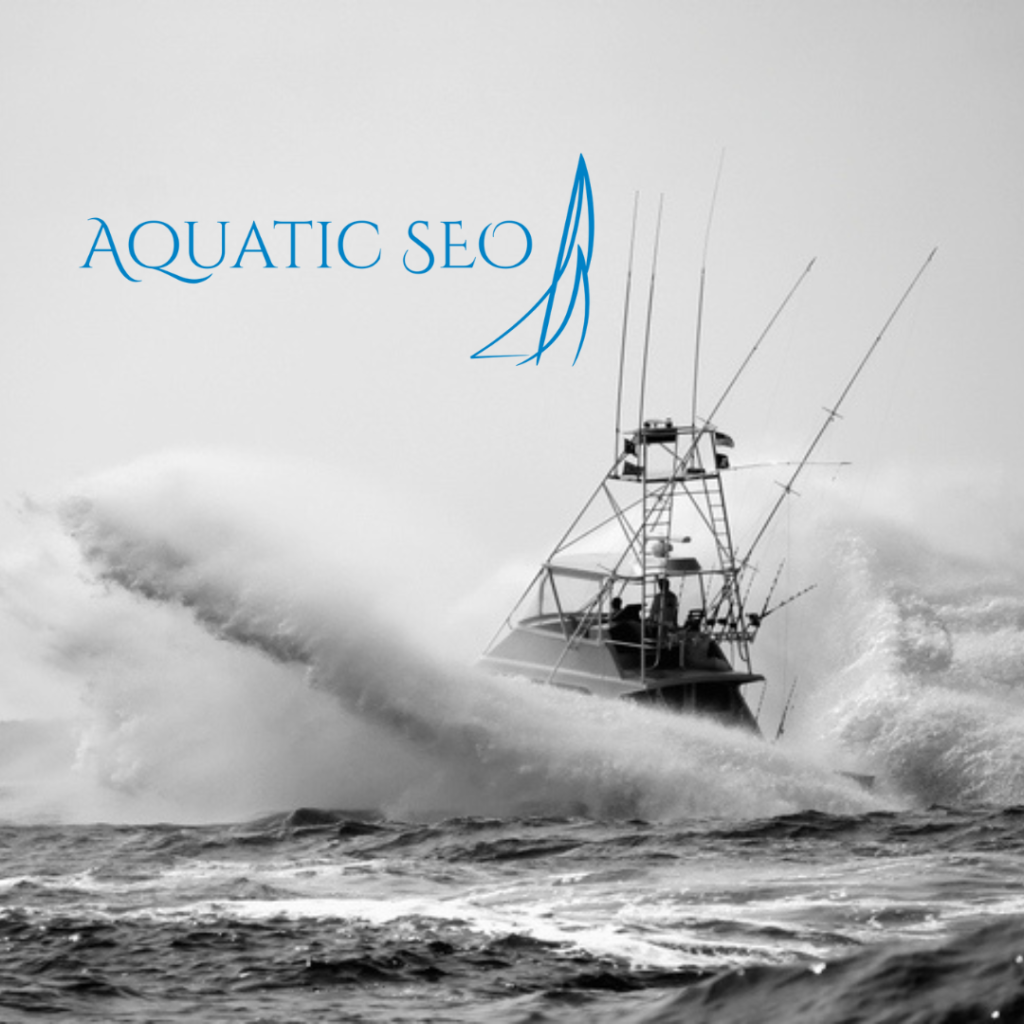 aquatic seo logo with fishing charter boat background