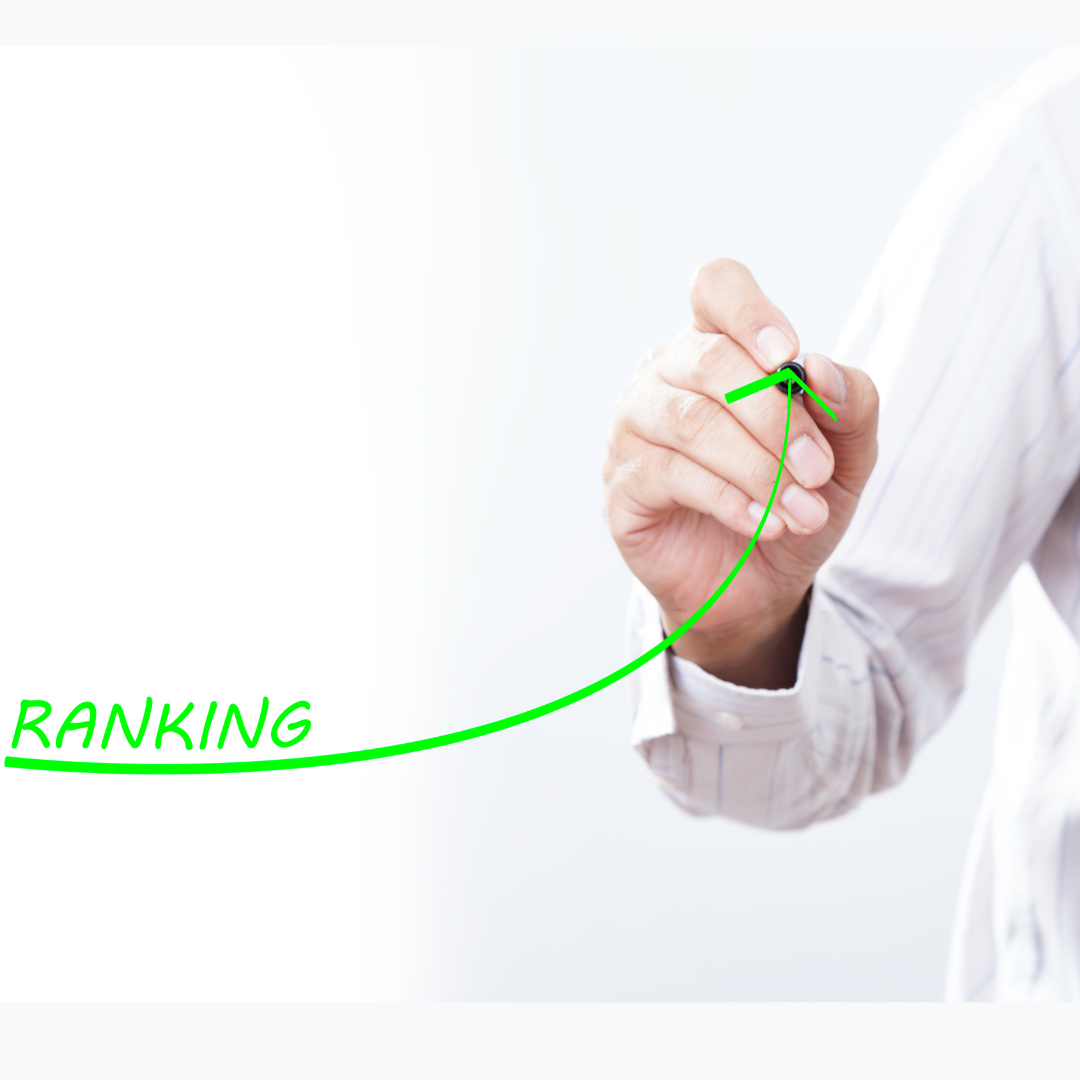 man holding pen with ranking arrow going up